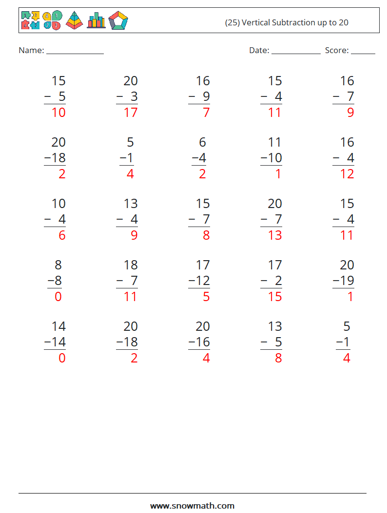 (25) Vertical Subtraction up to 20 Math Worksheets 18 Question, Answer