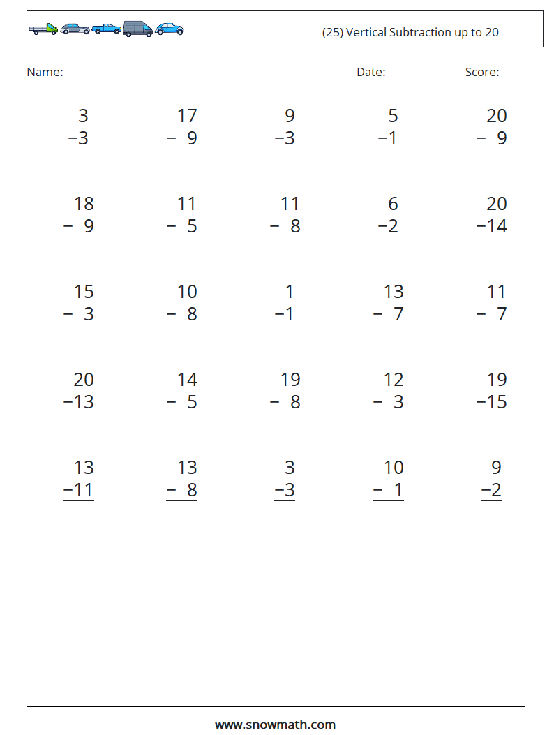 (25) Vertical Subtraction up to 20 Math Worksheets 2