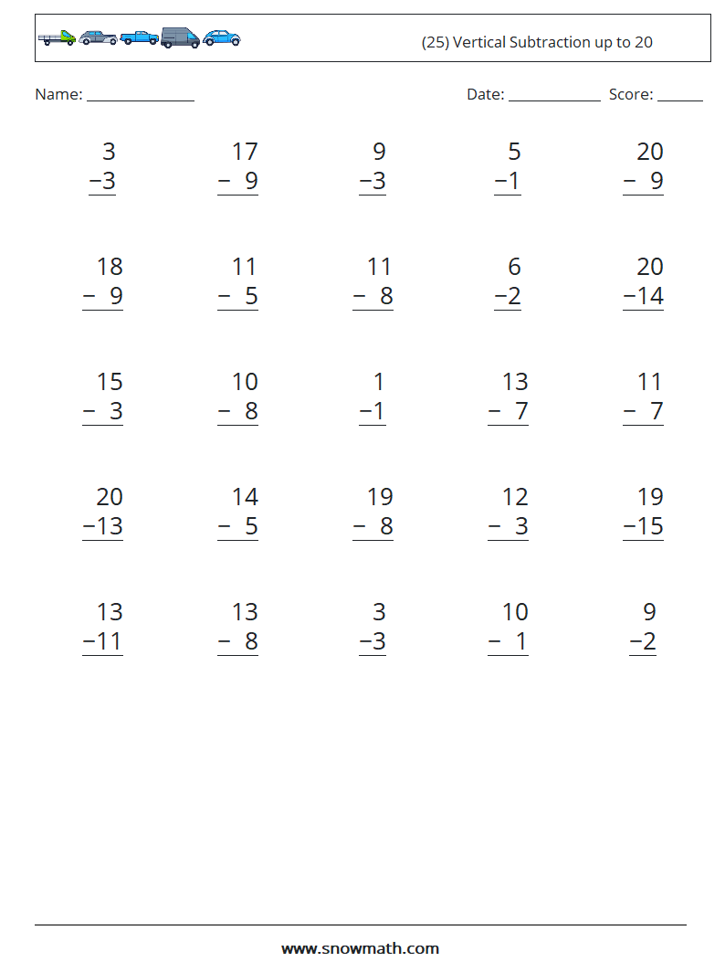 (25) Vertical Subtraction up to 20 Maths Worksheets 2