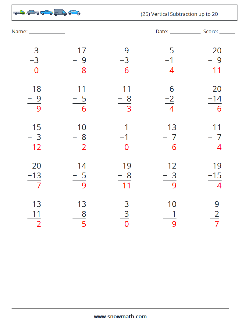 (25) Vertical Subtraction up to 20 Math Worksheets 2 Question, Answer