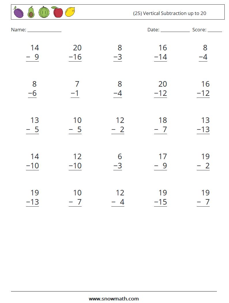 (25) Vertical Subtraction up to 20 Maths Worksheets 3