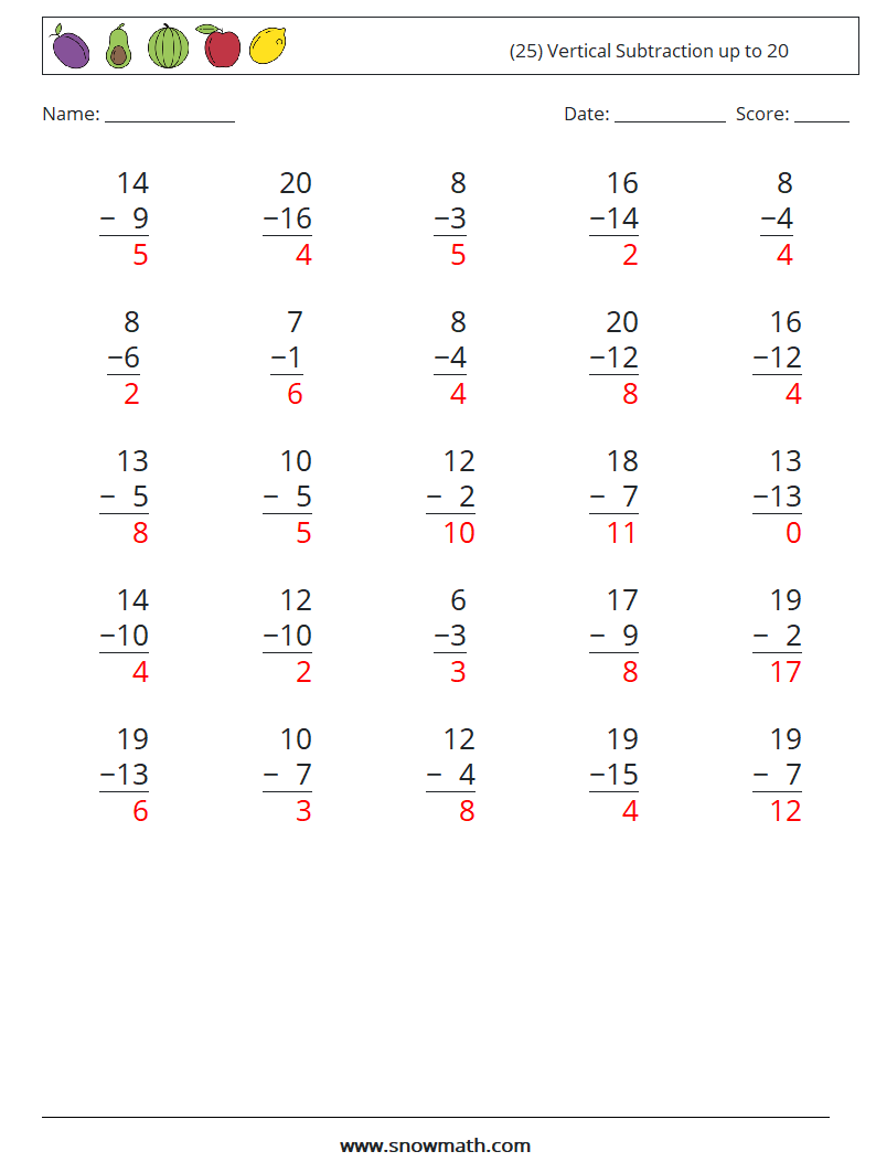 (25) Vertical Subtraction up to 20 Math Worksheets 3 Question, Answer