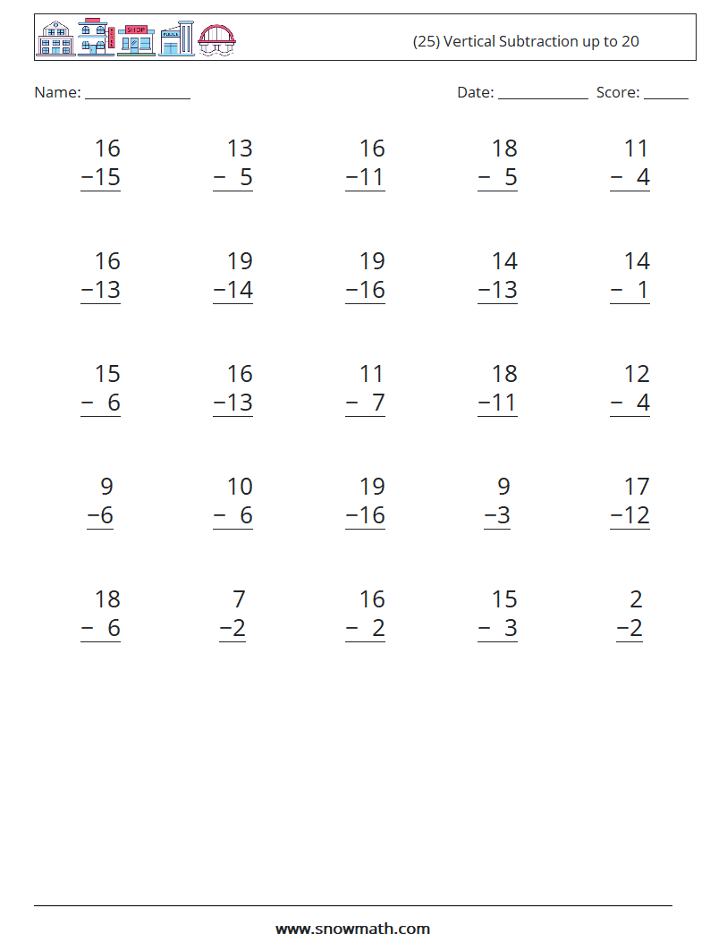 (25) Vertical Subtraction up to 20 Math Worksheets 4