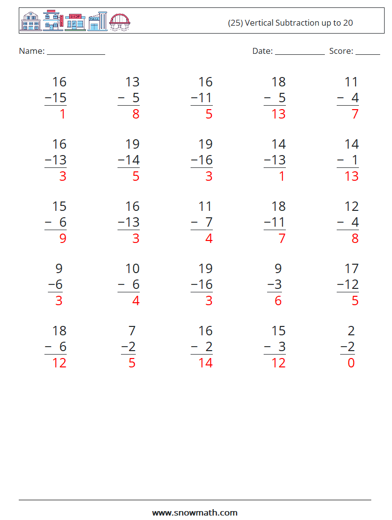 (25) Vertical Subtraction up to 20 Math Worksheets 4 Question, Answer