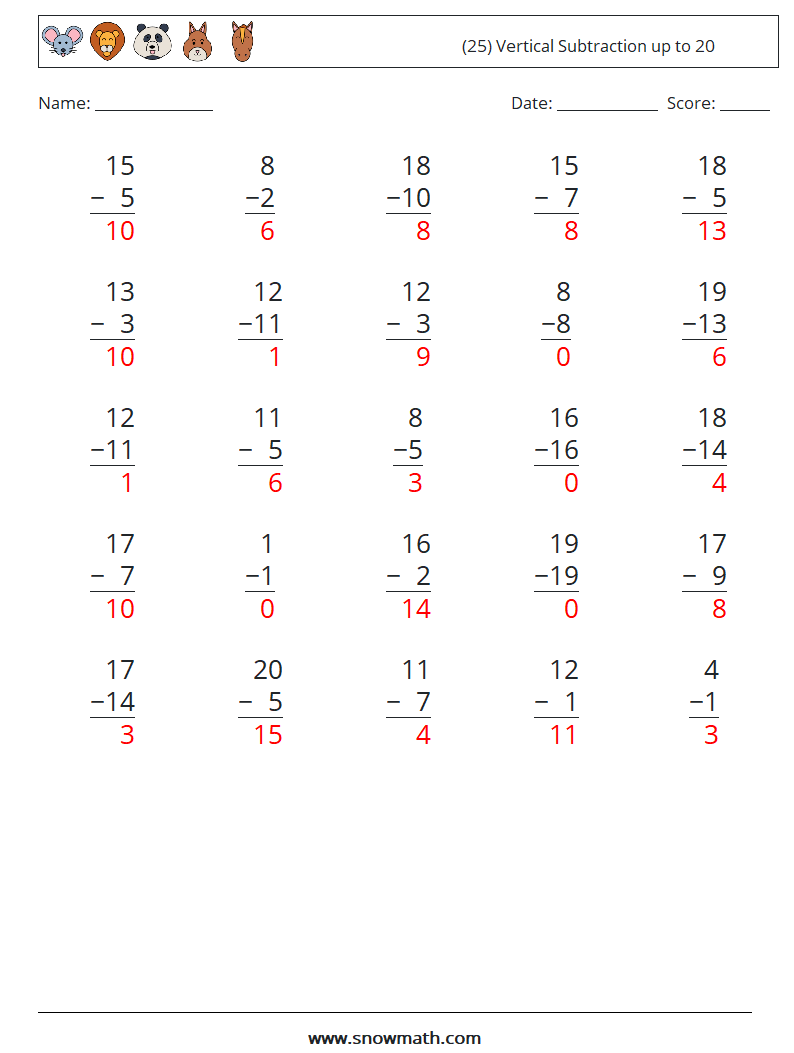 (25) Vertical Subtraction up to 20 Math Worksheets 5 Question, Answer