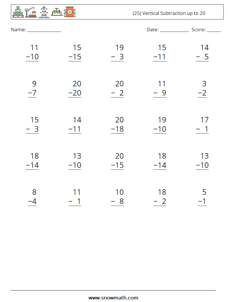 (25) Vertical Subtraction up to 20 Maths Worksheets 6