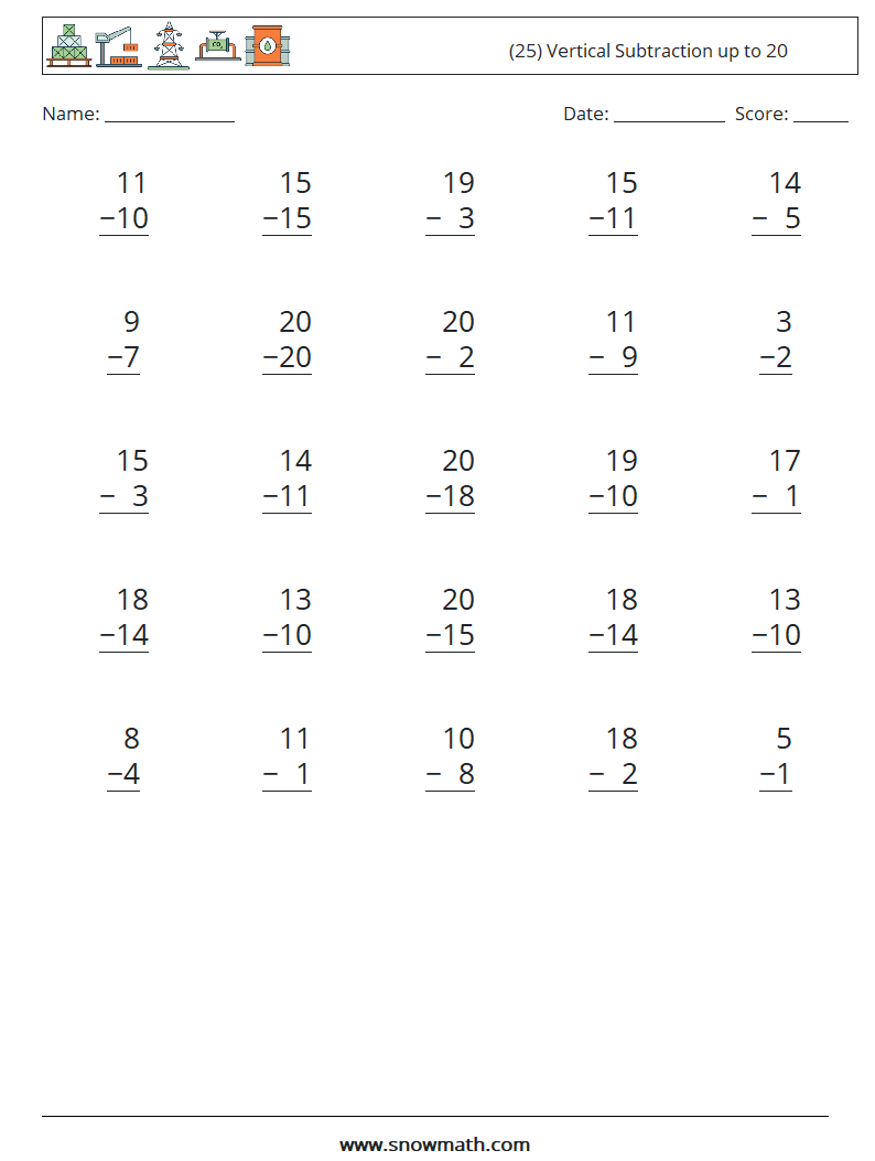 (25) Vertical Subtraction up to 20 Math Worksheets 6