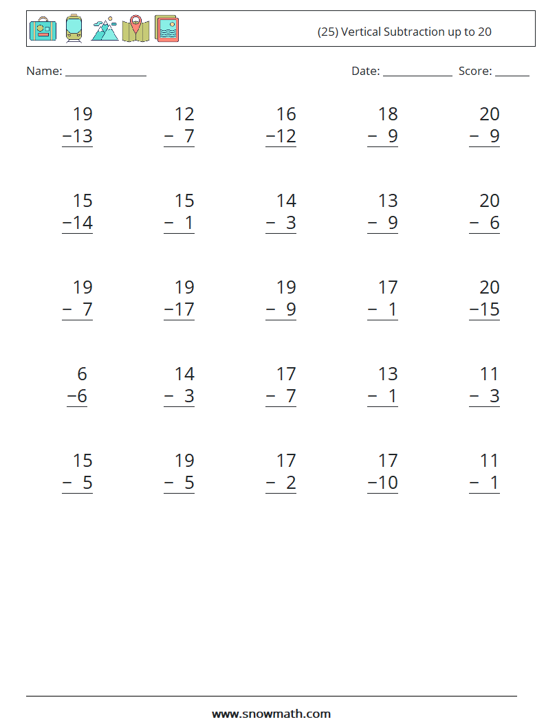 (25) Vertical Subtraction up to 20 Maths Worksheets 7
