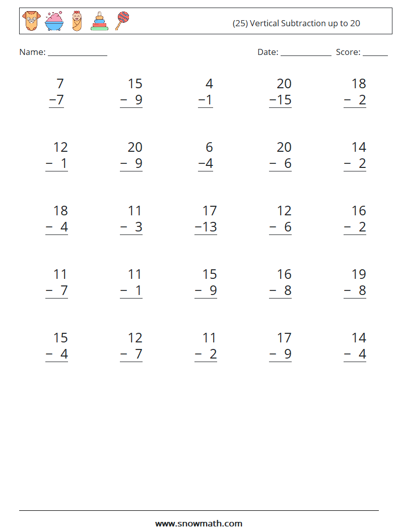 (25) Vertical Subtraction up to 20 Maths Worksheets 8
