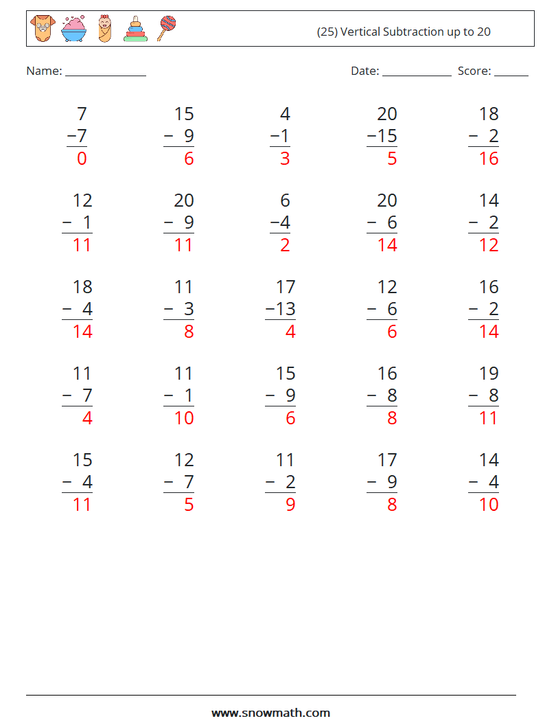 (25) Vertical Subtraction up to 20 Math Worksheets 8 Question, Answer