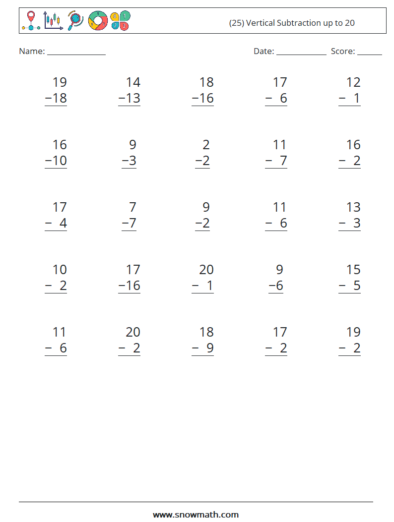 (25) Vertical Subtraction up to 20 Maths Worksheets 9