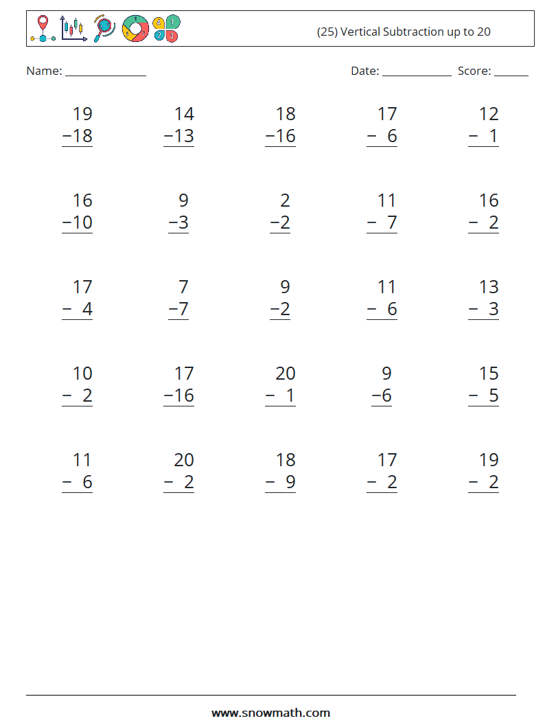 (25) Vertical Subtraction up to 20 Math Worksheets 9