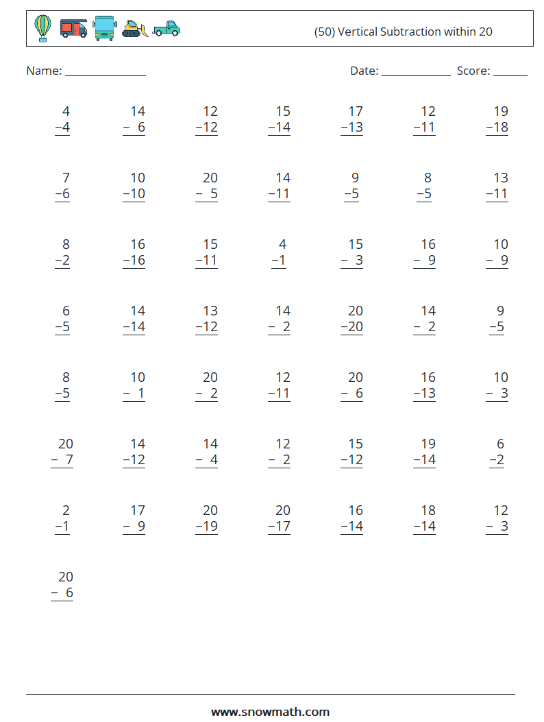 (50) Vertical Subtraction within 20 Math Worksheets 1