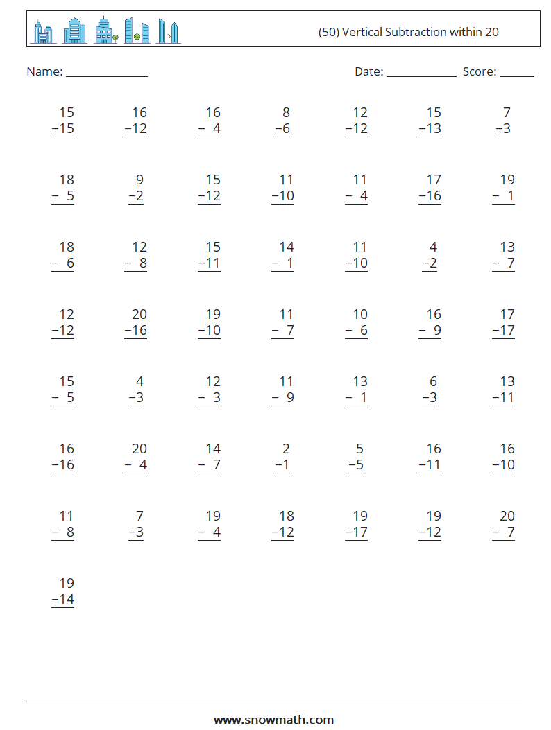 (50) Vertical Subtraction within 20 Math Worksheets 10