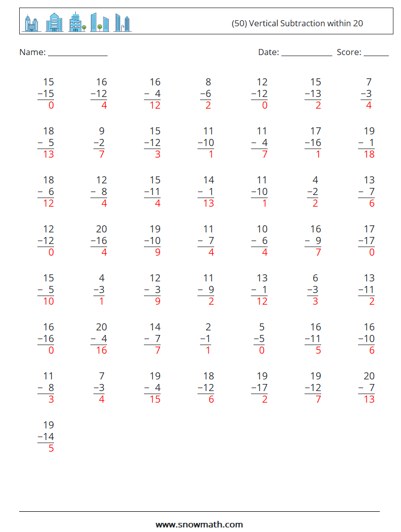 (50) Vertical Subtraction within 20 Math Worksheets 10 Question, Answer