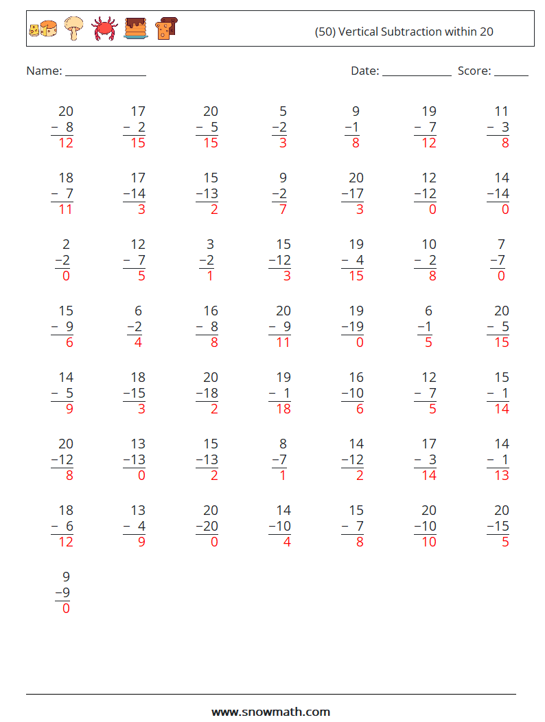 (50) Vertical Subtraction within 20 Math Worksheets 11 Question, Answer