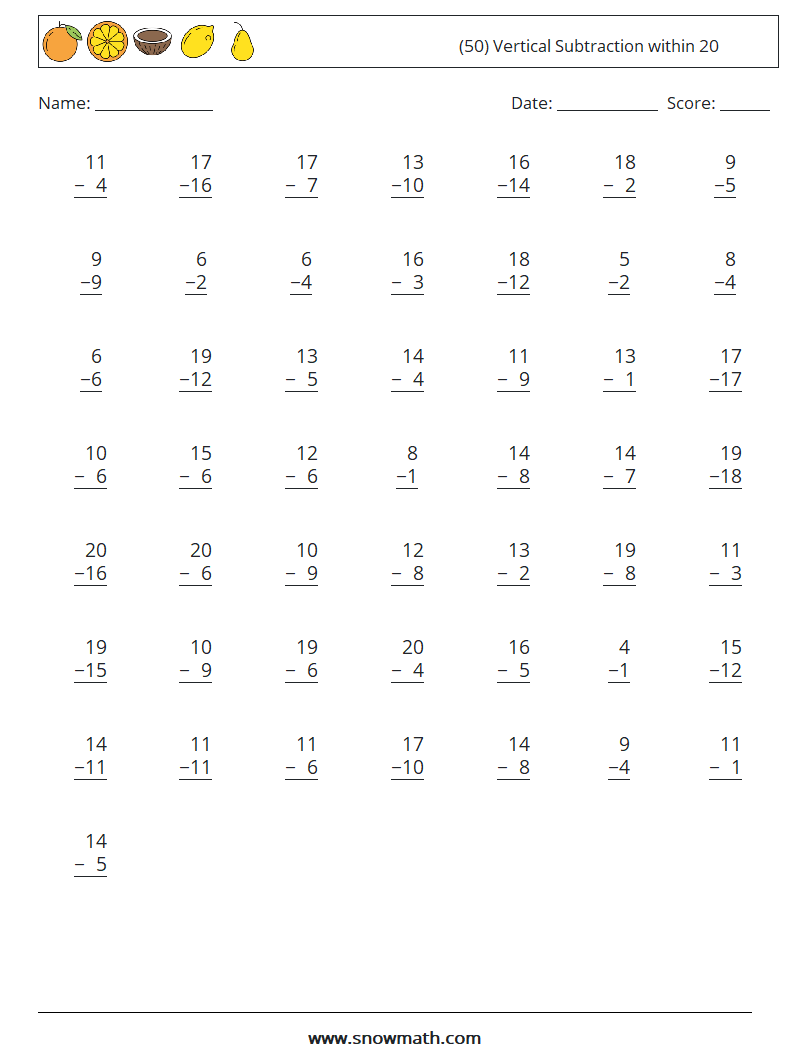 (50) Vertical Subtraction within 20 Math Worksheets 12
