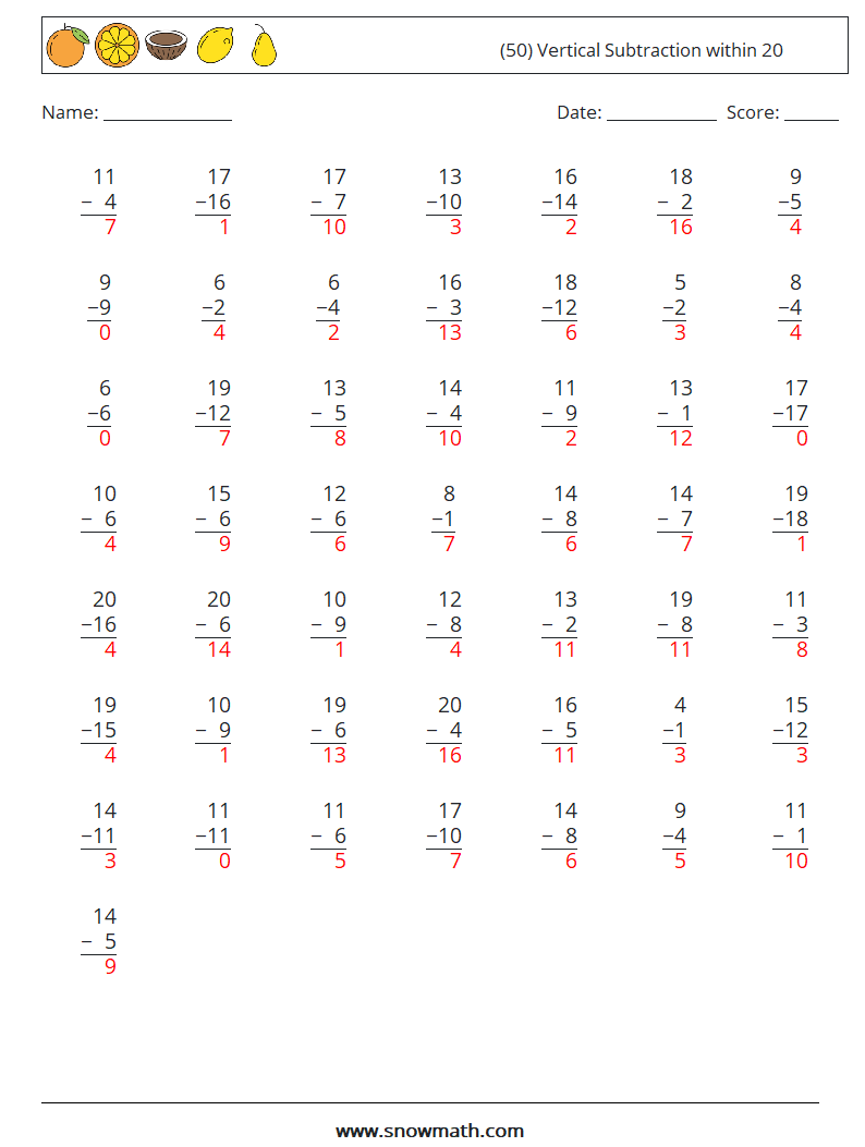 (50) Vertical Subtraction within 20 Math Worksheets 12 Question, Answer