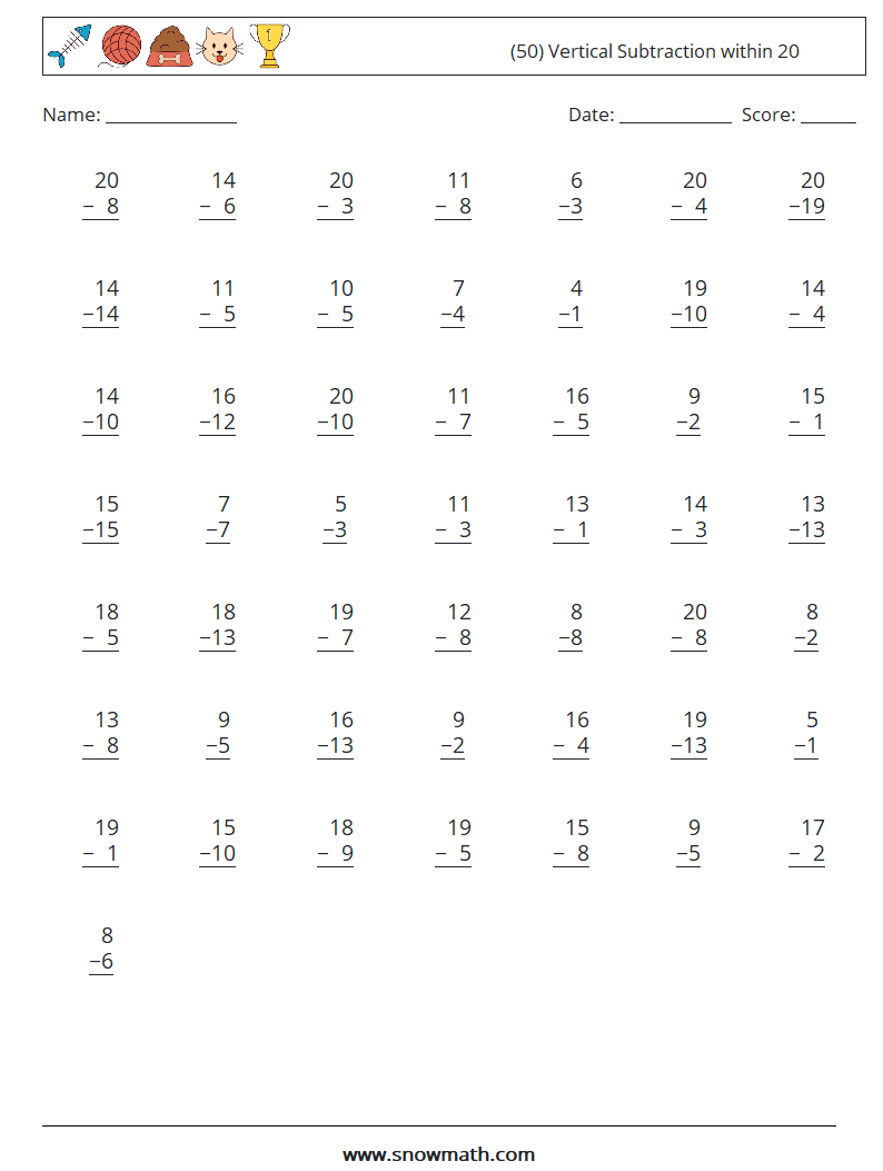 (50) Vertical Subtraction within 20 Math Worksheets 13