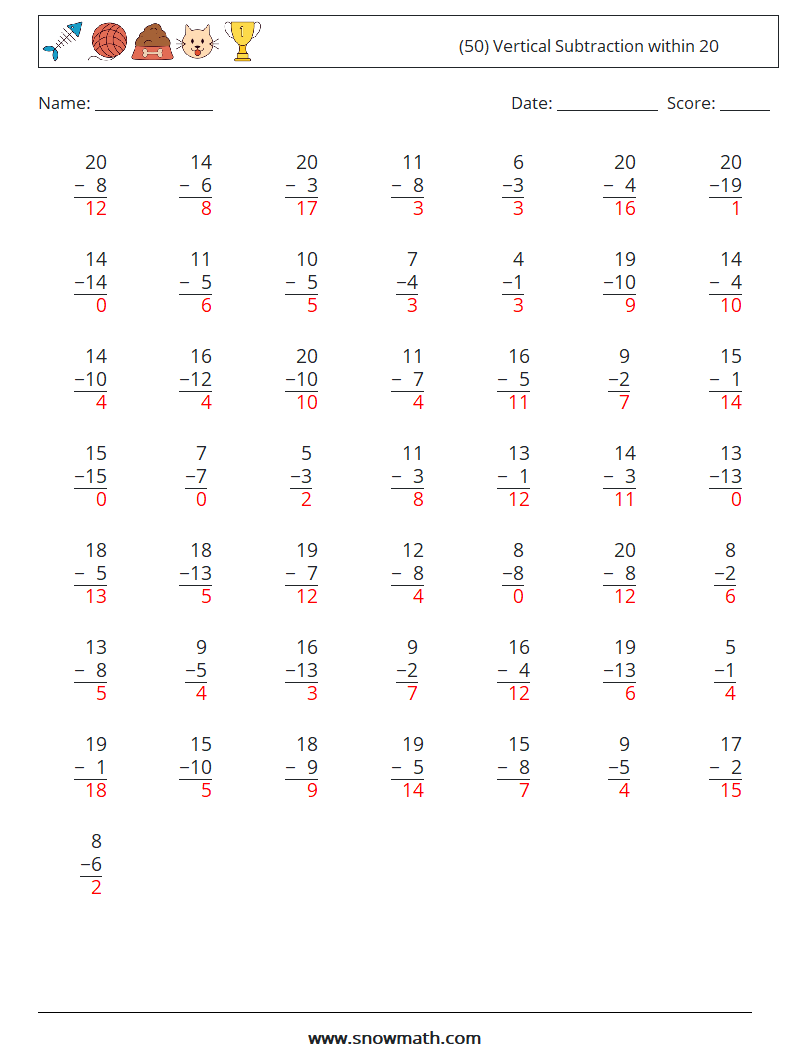 (50) Vertical Subtraction within 20 Math Worksheets 13 Question, Answer