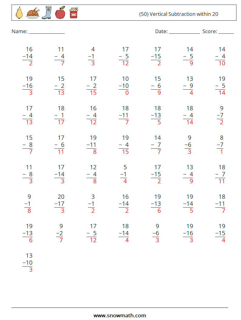 (50) Vertical Subtraction within 20 Math Worksheets 14 Question, Answer