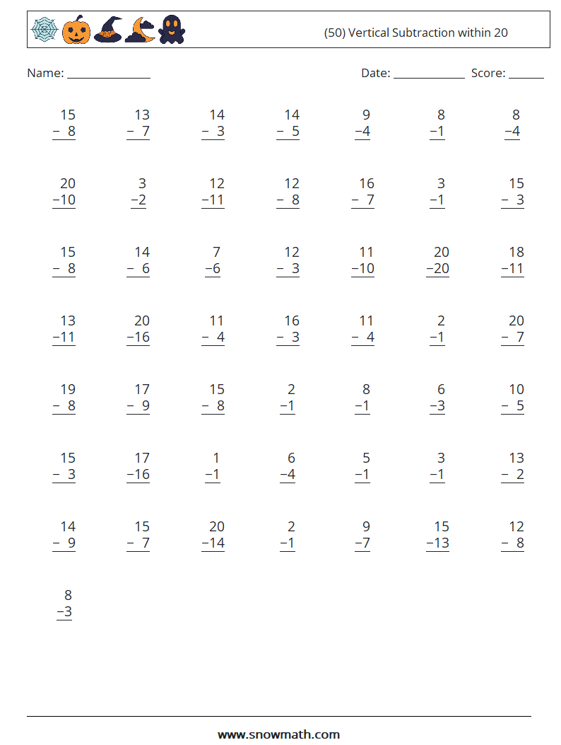 (50) Vertical Subtraction within 20 Math Worksheets 15