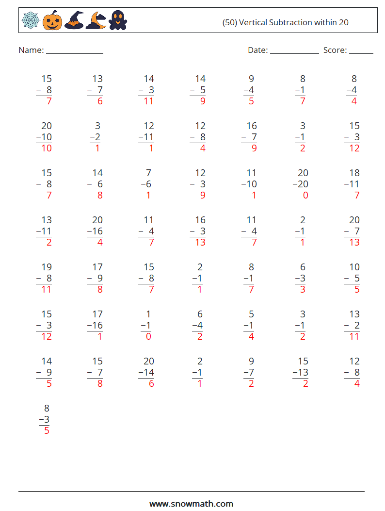 (50) Vertical Subtraction within 20 Math Worksheets 15 Question, Answer