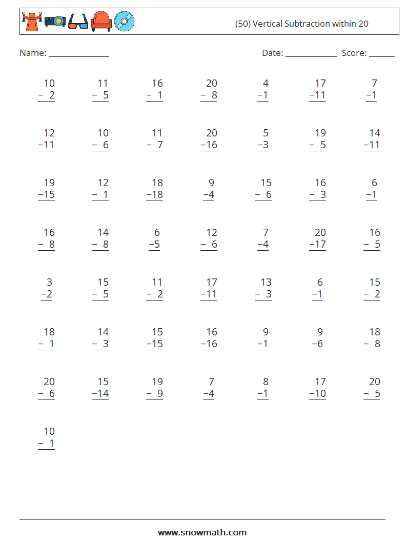 (50) Vertical Subtraction within 20 Math Worksheets 16