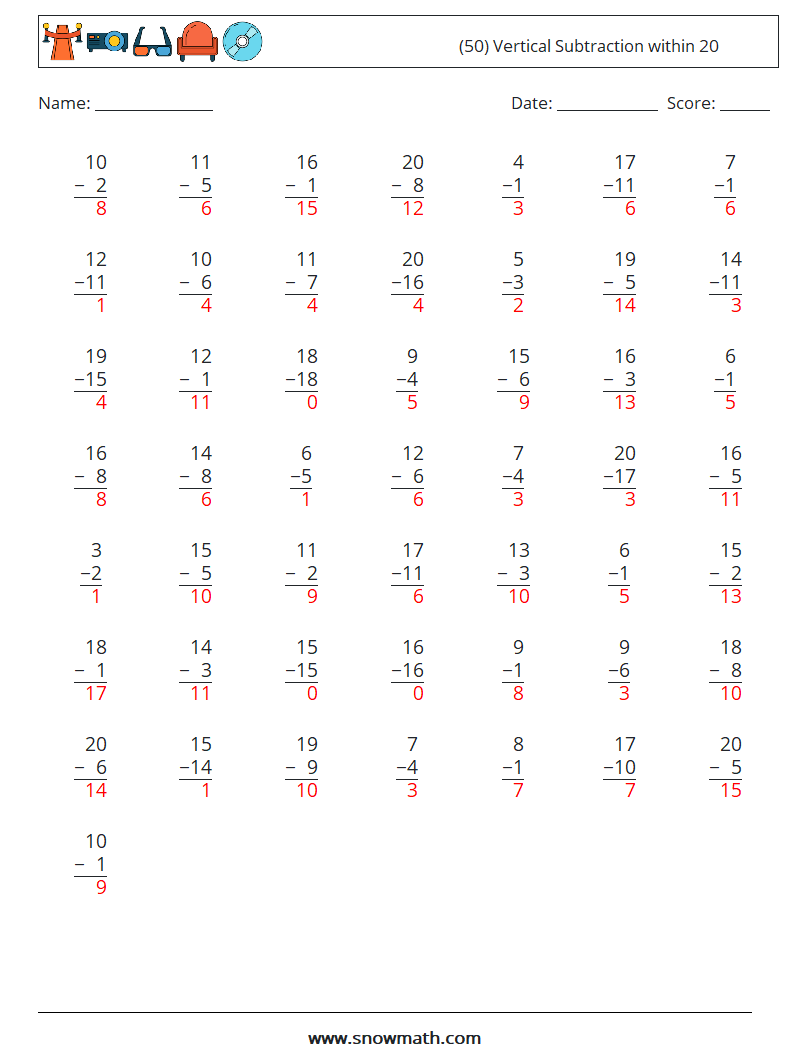 (50) Vertical Subtraction within 20 Math Worksheets 16 Question, Answer