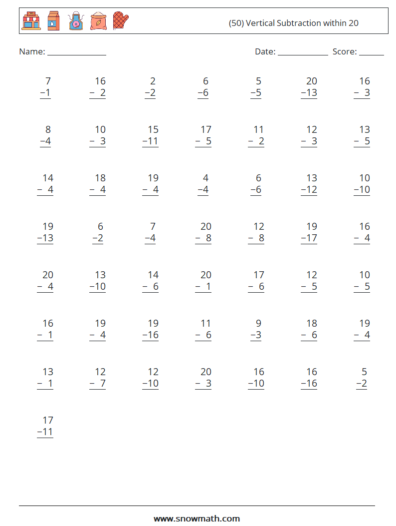 (50) Vertical Subtraction within 20 Math Worksheets 17