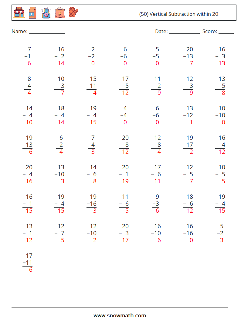 (50) Vertical Subtraction within 20 Math Worksheets 17 Question, Answer