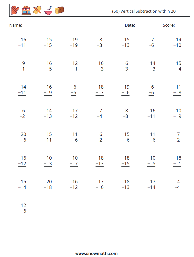 (50) Vertical Subtraction within 20 Math Worksheets 18