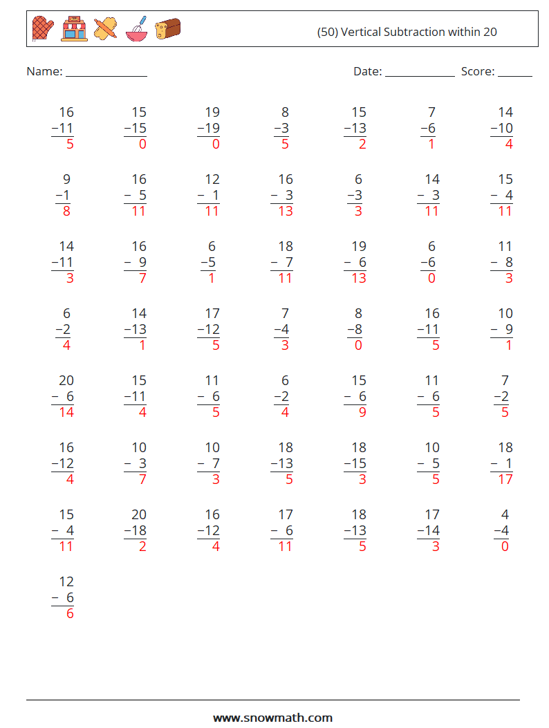 (50) Vertical Subtraction within 20 Math Worksheets 18 Question, Answer
