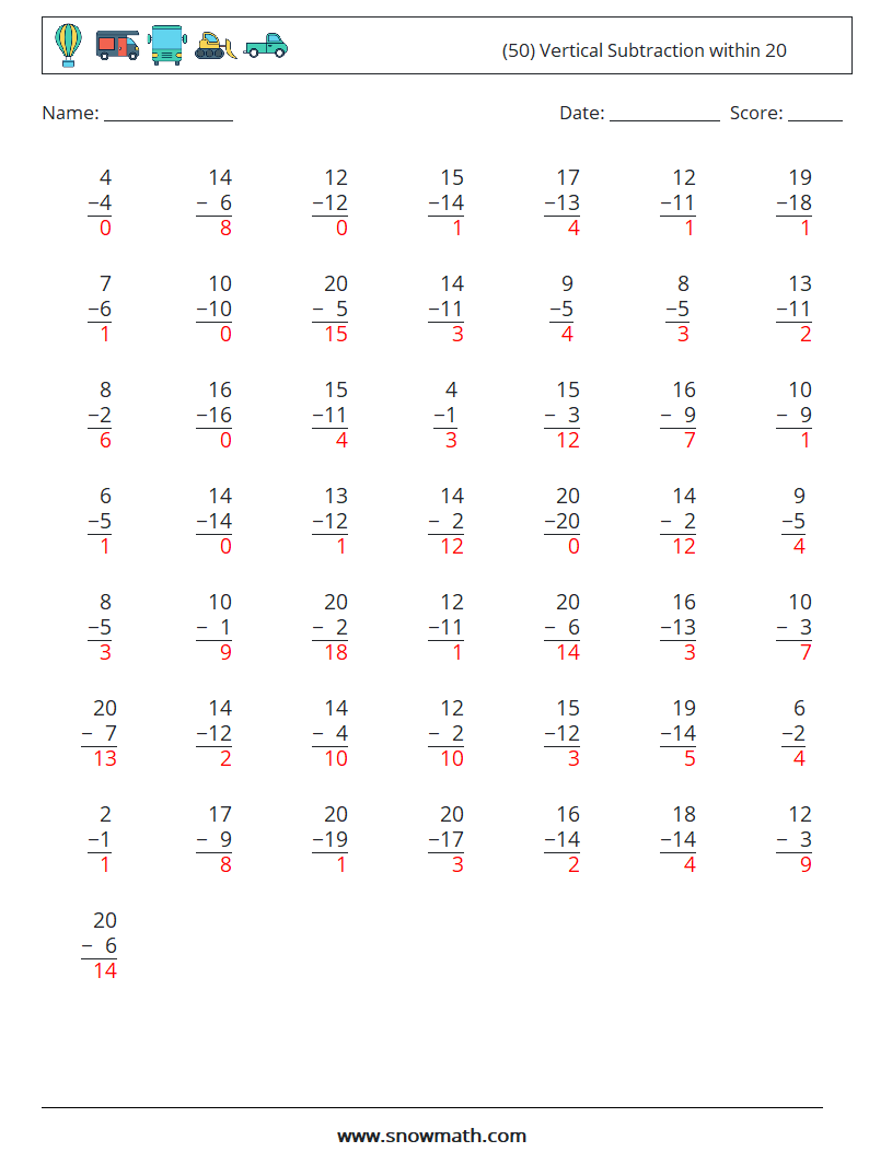(50) Vertical Subtraction within 20 Math Worksheets 1 Question, Answer