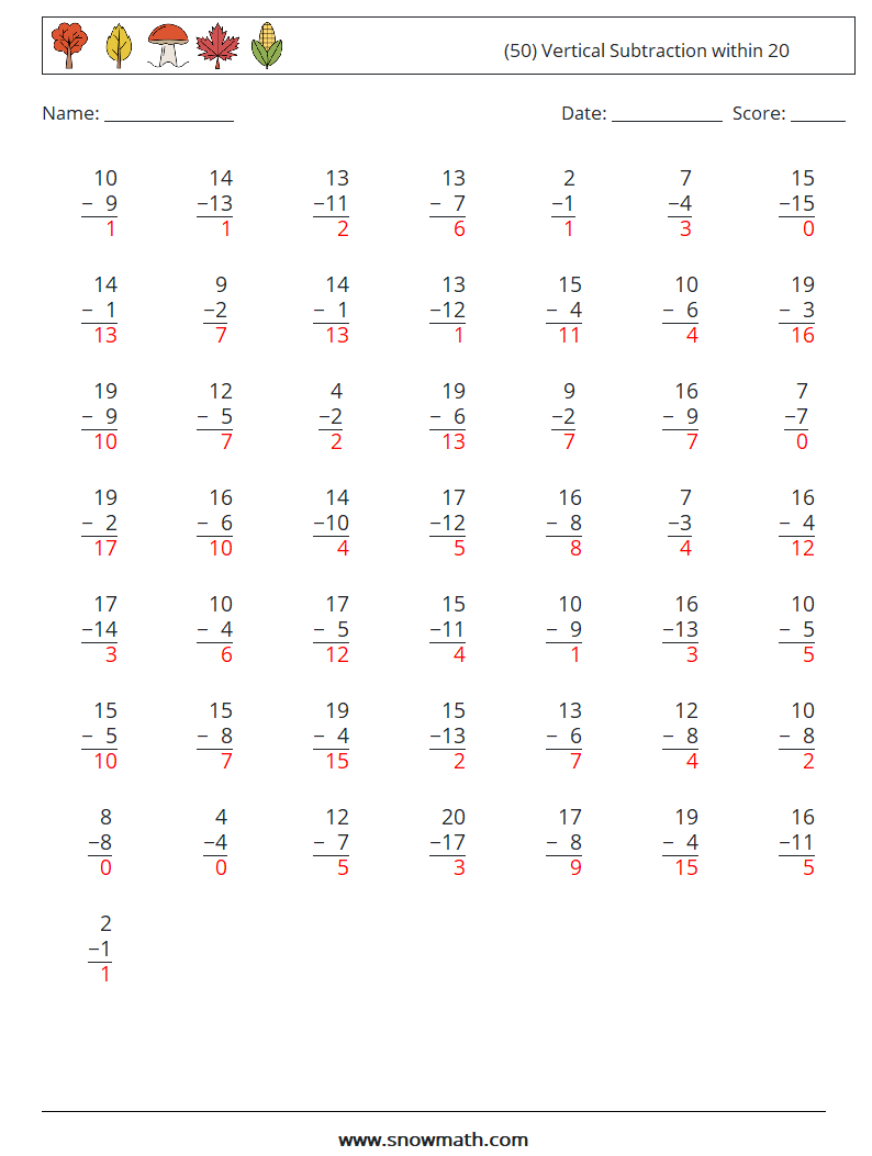 (50) Vertical Subtraction within 20 Math Worksheets 2 Question, Answer