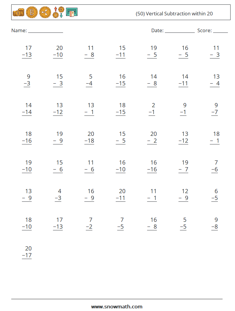 (50) Vertical Subtraction within 20 Maths Worksheets 3