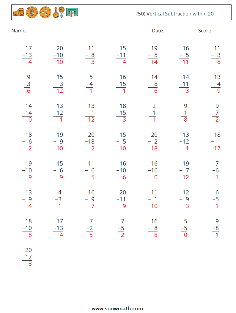 (50) Vertical Subtraction within 20 Math Worksheets 3 Question, Answer