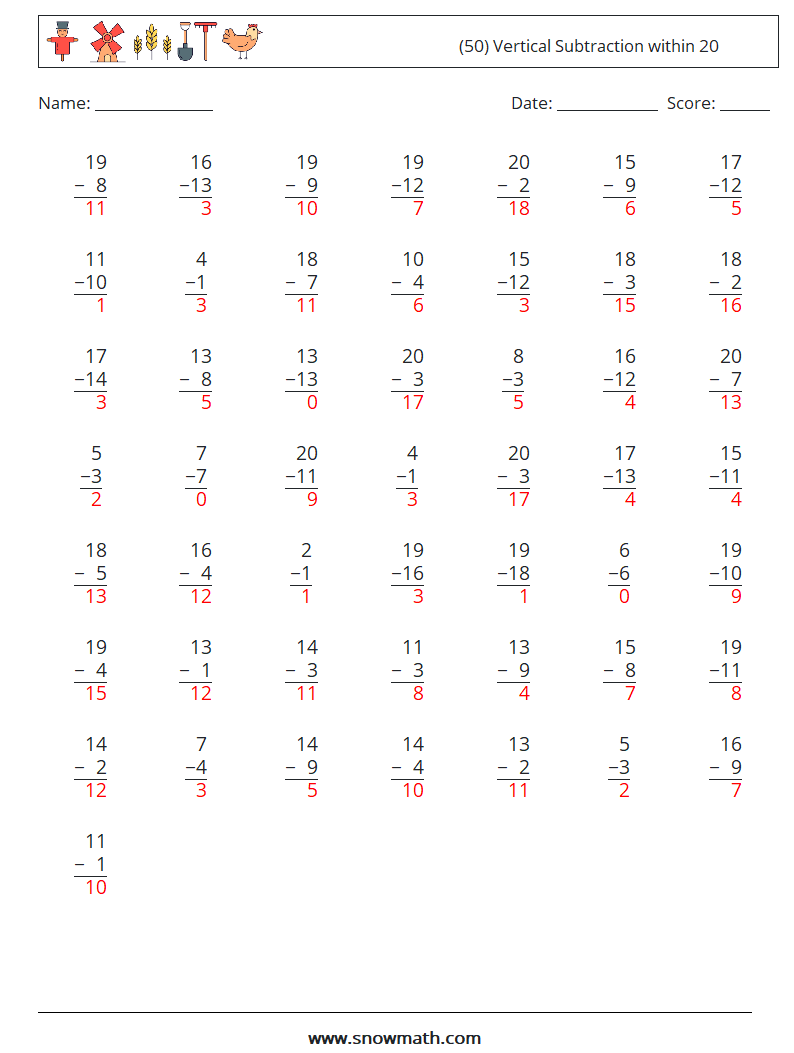 (50) Vertical Subtraction within 20 Math Worksheets 4 Question, Answer