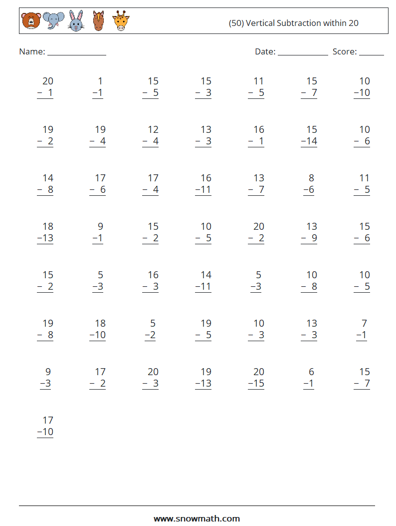 (50) Vertical Subtraction within 20 Math Worksheets 5