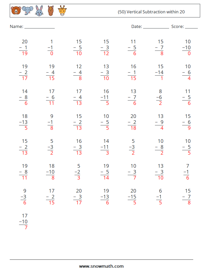 (50) Vertical Subtraction within 20 Math Worksheets 5 Question, Answer