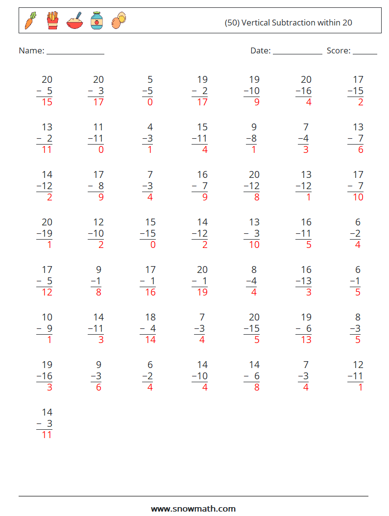 (50) Vertical Subtraction within 20 Math Worksheets 6 Question, Answer