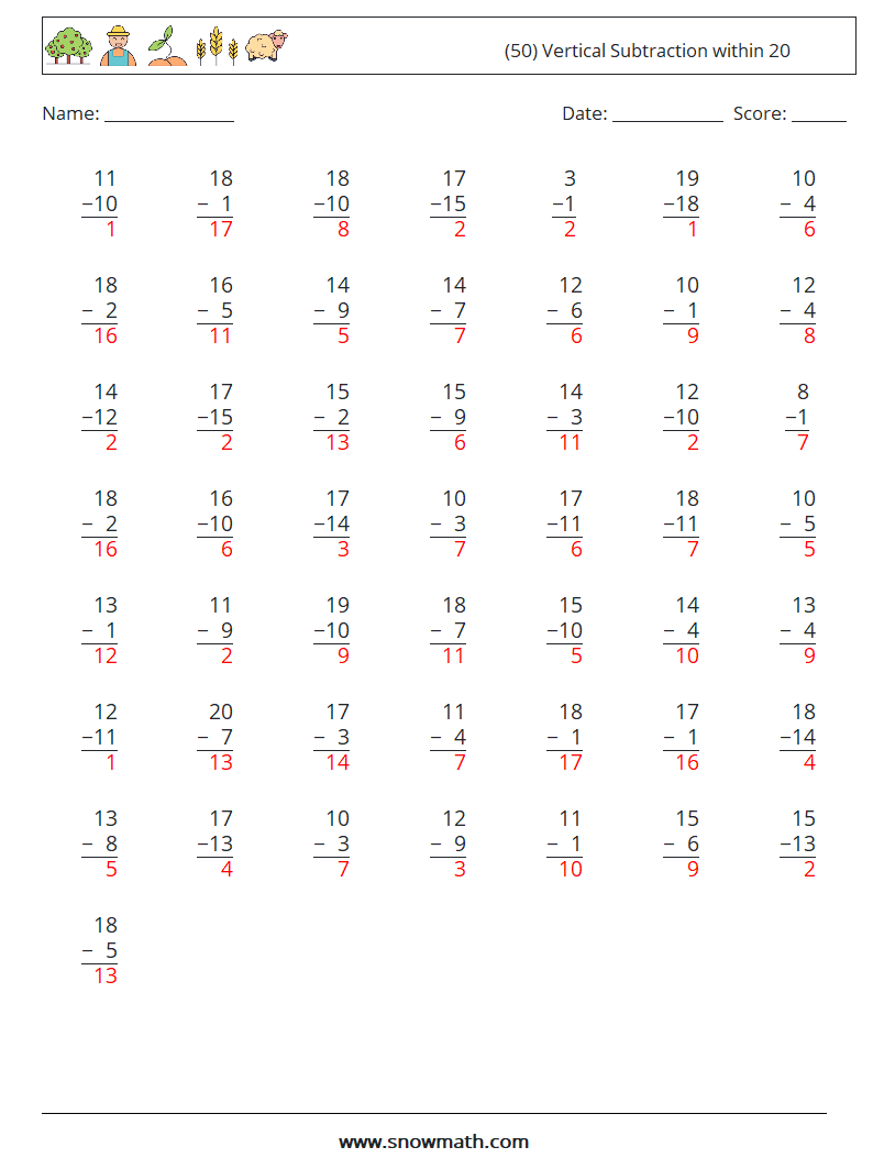 (50) Vertical Subtraction within 20 Math Worksheets 7 Question, Answer