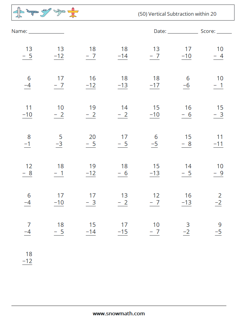 (50) Vertical Subtraction within 20 Math Worksheets 8