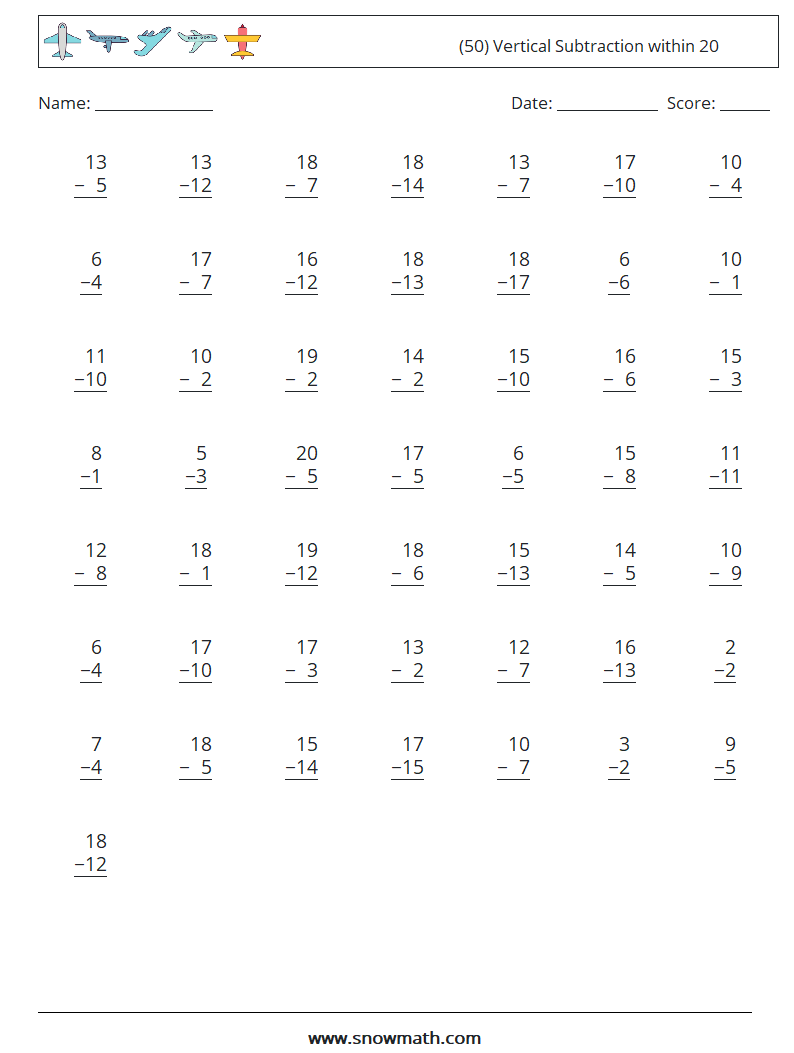 (50) Vertical Subtraction within 20 Maths Worksheets 8