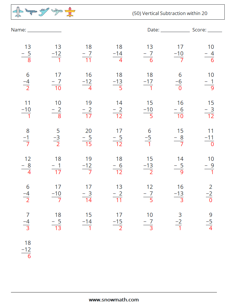 (50) Vertical Subtraction within 20 Math Worksheets 8 Question, Answer