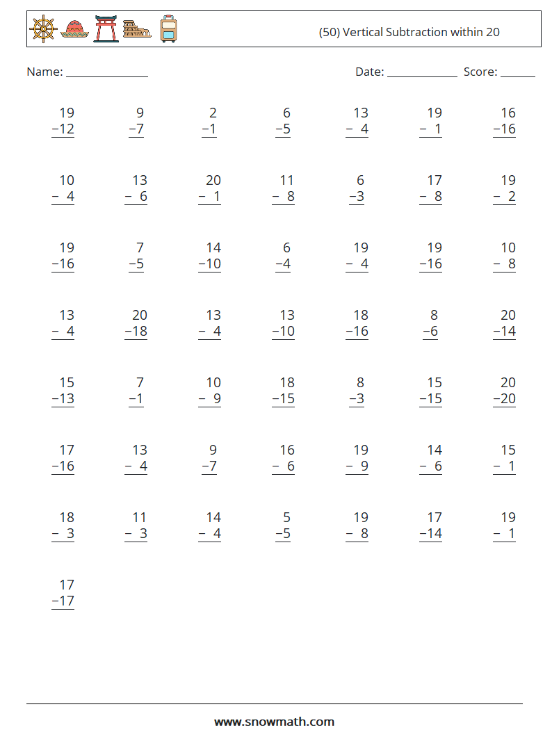 (50) Vertical Subtraction within 20 Math Worksheets 9