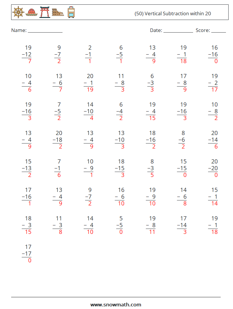 (50) Vertical Subtraction within 20 Math Worksheets 9 Question, Answer