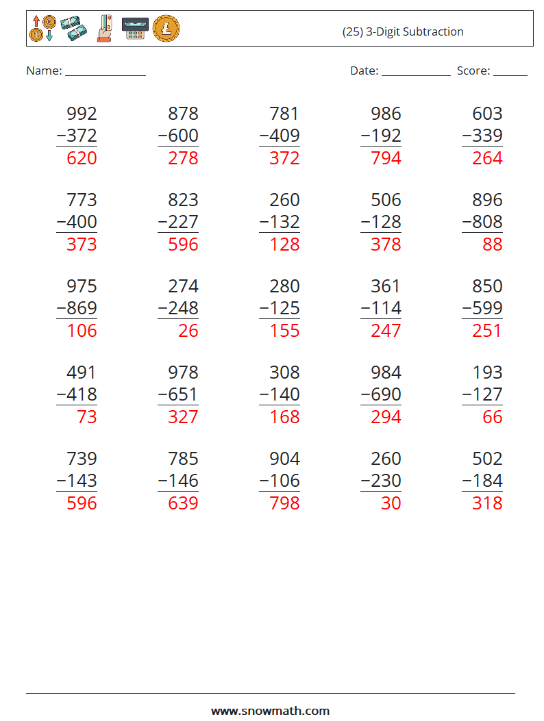 (25) 3-Digit Subtraction Math Worksheets 10 Question, Answer