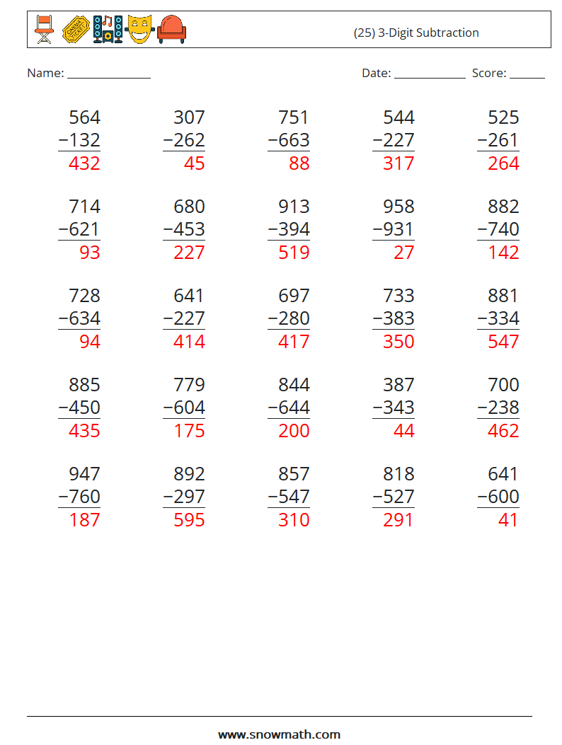 (25) 3-Digit Subtraction Math Worksheets 11 Question, Answer