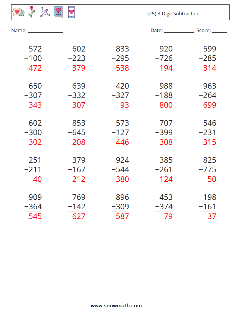 (25) 3-Digit Subtraction Math Worksheets 12 Question, Answer